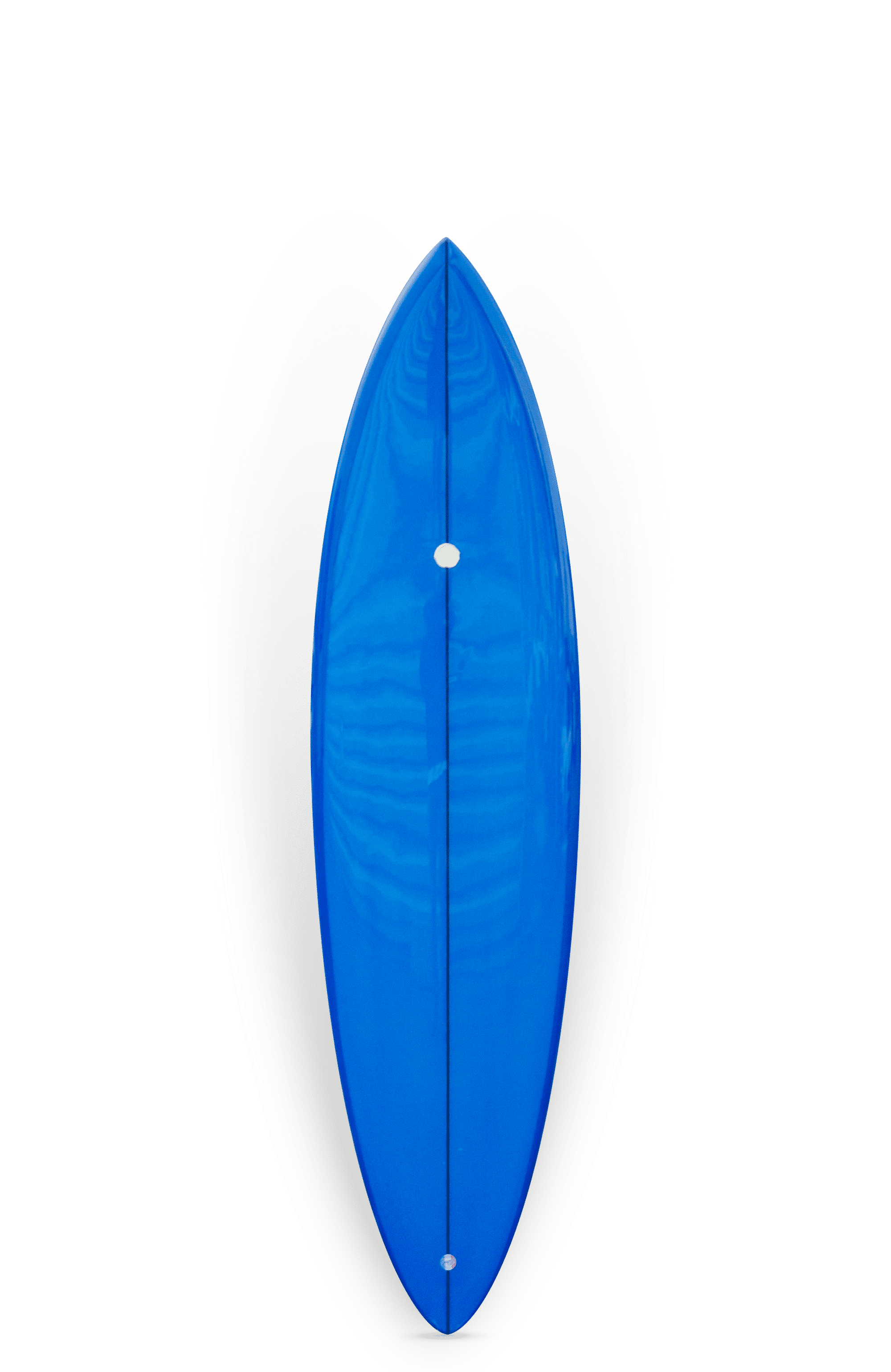 Shapers-Club- Un Topper mesurant 6'1" x 20' 1/2" x 2' 13/16" présente une surface ovale bleue brillante avec des points blancs symétriques, accentués par une structure transparente en forme de pétale, lui donnant une présence élégante sur un fond uni. -surfshop-surfboard