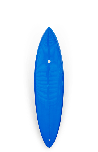 Shapers-Club- Un Topper mesurant 6'1" x 20' 1/2" x 2' 13/16" présente une surface ovale bleue brillante avec des points blancs symétriques, accentués par une structure transparente en forme de pétale, lui donnant une présence élégante sur un fond uni. -surfshop-surfboard