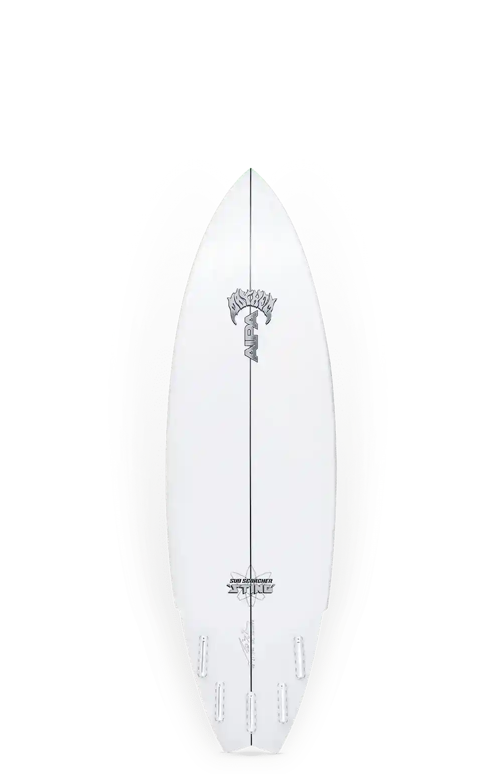 Shapers-Club- La planche de surf AIPA SUB SCORCHER STING, mesurant 5'10" x 20" x 2 5/8" avec un volume de 31,5L, présente un dessus blanc avec des graphiques et du texte noirs. Il a un nez pointu, une queue arrondie et plusieurs fentes pour ailerons pour un surf polyvalent. -surfshop-surfboard