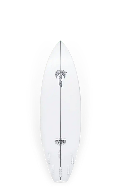 Shapers-Club- La planche de surf AIPA SUB SCORCHER STING, mesurant 5'10" x 20" x 2 5/8" avec un volume de 31,5L, présente un dessus blanc avec des graphiques et du texte noirs. Il a un nez pointu, une queue arrondie et plusieurs fentes pour ailerons pour un surf polyvalent. -surfshop-surfboard