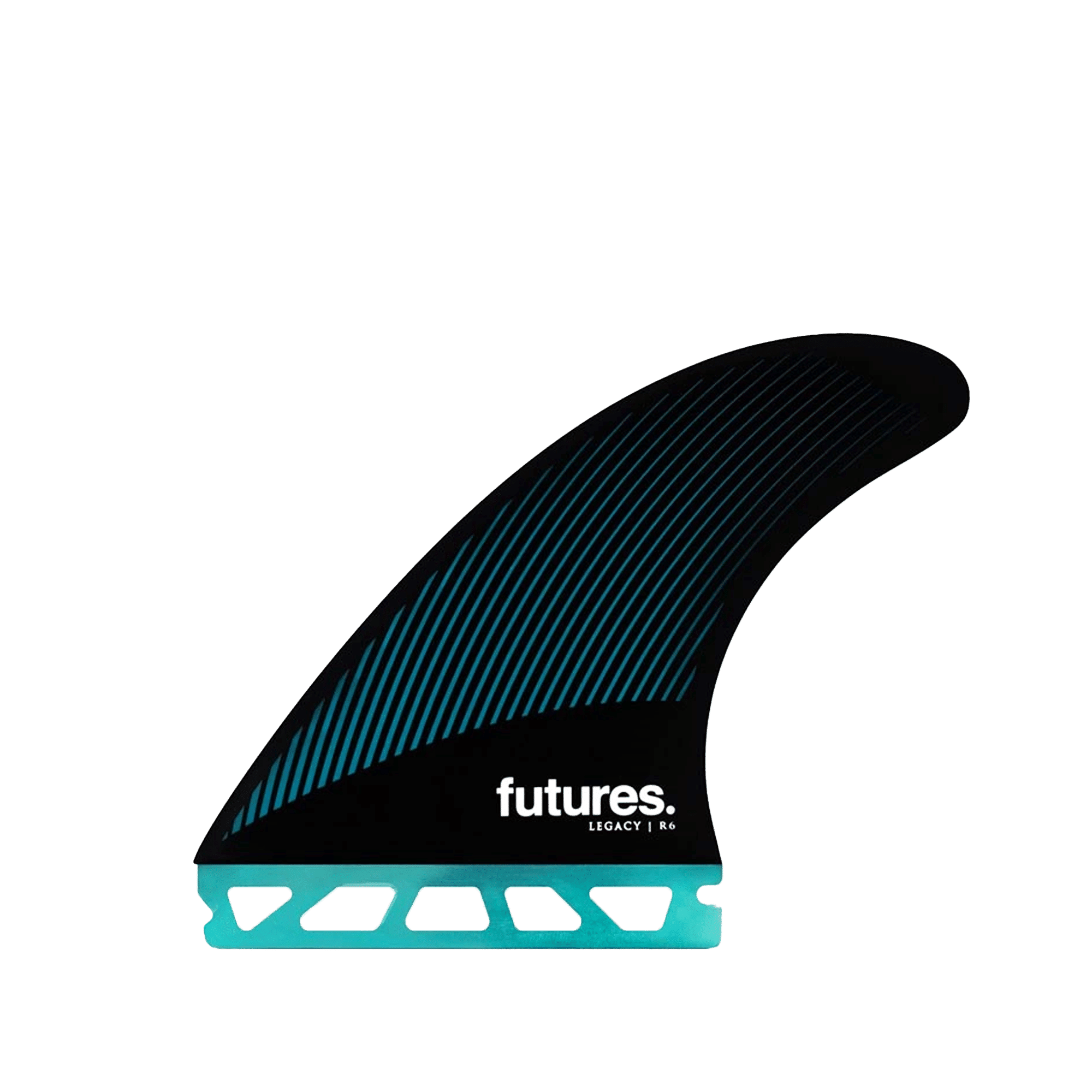 Shapers-Club- Un aileron de planche de surf bleu sarcelle et noir avec le nom de la marque « futures » et « LEGACY I R4 » écrit dessus. L'aileron, qui fait partie de la collection Small 2022, présente un design dégradé à rayures et une découpe à la base pour la fixation. Le fond est vert uni. -surfshop-surfboard