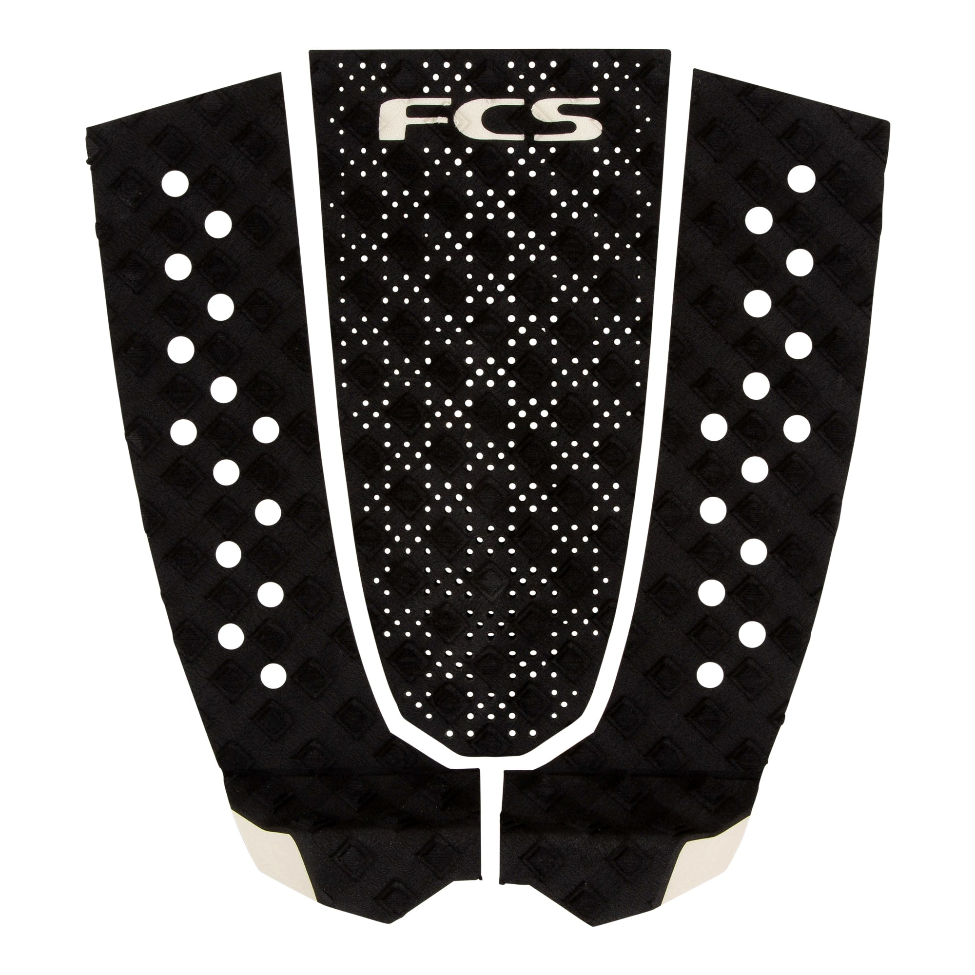 Shapers-Club- Le pad de traction pour planche de surf FCS - GRIP ECO - T3 - Noir présente un motif en losanges et un logo blanc sur le dessus, avec des découpes circulaires sur les panneaux latéraux pour une meilleure adhérence. Ce modèle de la série T3 allie sans effort style et fonctionnalité. -surfshop-surfboard