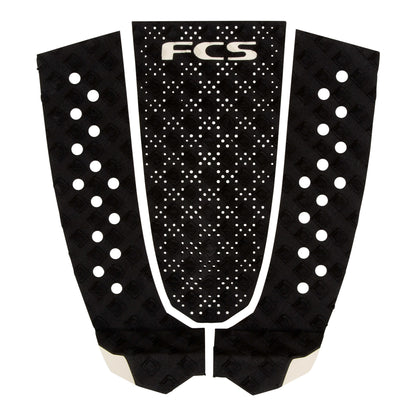Shapers-Club- Le pad de traction pour planche de surf FCS - GRIP ECO - T3 - Noir présente un motif en losanges et un logo blanc sur le dessus, avec des découpes circulaires sur les panneaux latéraux pour une meilleure adhérence. Ce modèle de la série T3 allie sans effort style et fonctionnalité. -surfshop-surfboard