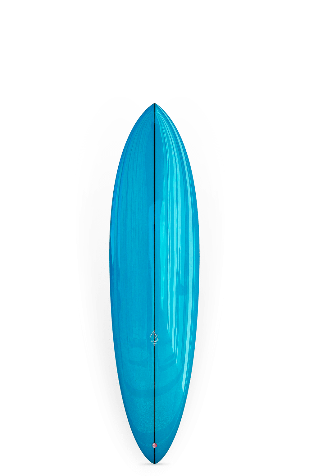 Shapers-Club- La planche de surf bleu vif Hell Hound (Bonzer) - 6'8" x 20 5/8" x 2 5/8" se dresse verticalement sur un fond transparent, réfléchissant la lumière avec des effets d'ombre flous noirs et gris des deux côtés. -surfshop-surfboard
