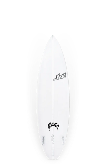 Shapers-Club - On a neutral background, the white surfboard adorned with logos and black text features a streamlined, pointed design. The Driver 3.0 - measuring 6'2" x 19 1/2" x 2 1/2" and offering a volume of 32L - is ideal for various wave conditions. -surfshop-surfboard