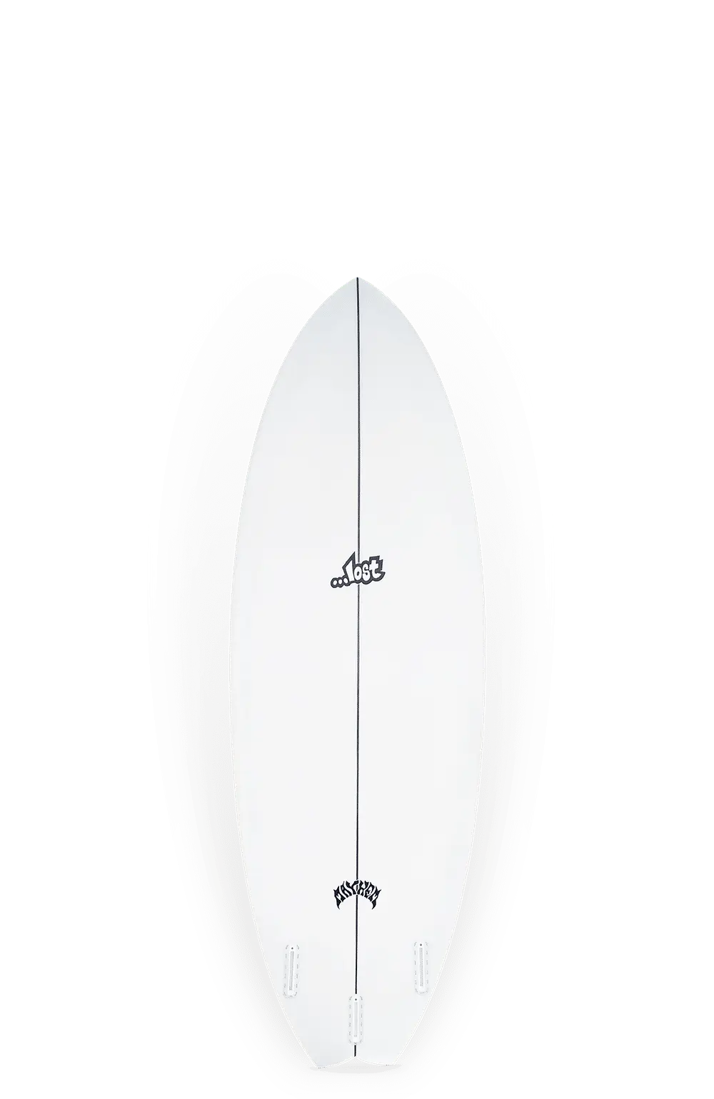 Shapers-Club- Une planche de surf blanche Round Nose Fish 1996 avec une ligne de longeron noire qui descend au centre, capturant l'essence de son modèle classique. Elle intègre un petit logo près du centre et un plus grand plus près de la queue. La planche présente un design élégant et épuré avec un nez arrondi, caractéristique du style Round Nose Fish. -surfshop-surfboard