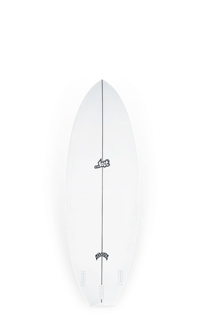 Shapers-Club- Une planche de surf blanche Round Nose Fish 1996 avec une ligne de longeron noire qui descend au centre, capturant l'essence de son modèle classique. Elle intègre un petit logo près du centre et un plus grand plus près de la queue. La planche présente un design élégant et épuré avec un nez arrondi, caractéristique du style Round Nose Fish. -surfshop-surfboard