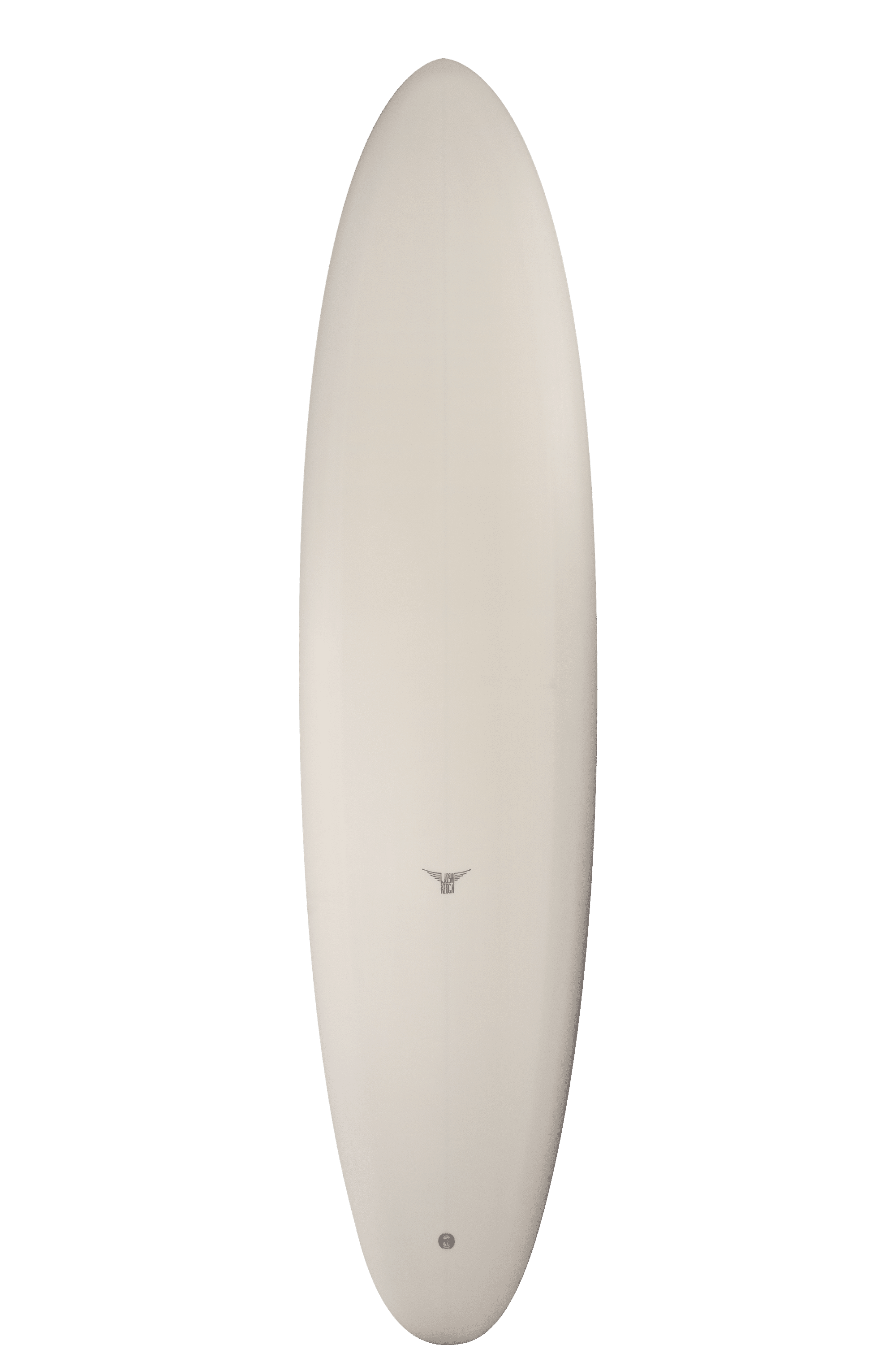 Shapers-Club- La planche de surf Liberator, aux dimensions de 8'0" x 22' 3/4" x 2' 13/16", présente un design blanc élégant et un petit logo noir près du centre. Présentée verticalement sur un fond noir uni, ses courbes douces et son style minimaliste sont magnifiquement mis en valeur. -surfshop-surfboard
