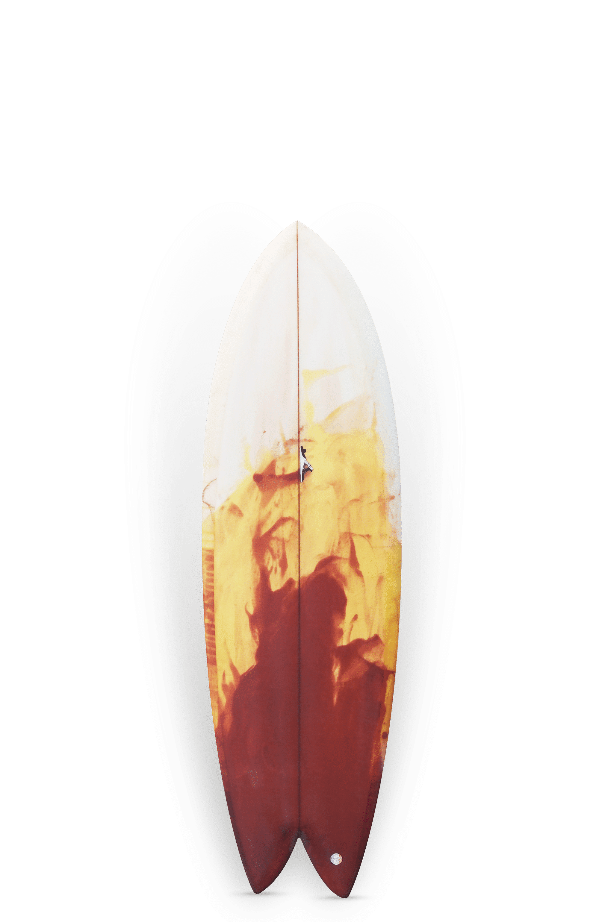 Shapers-Club- La planche Twin Fish 5'8" présente un design abstrait et ardent en rouge, orange et jaune sur une base blanche, avec un nez pointu, des bords lisses et des canaux inspirés de la forme classique du poisson jumeau. -surfshop-surfboard