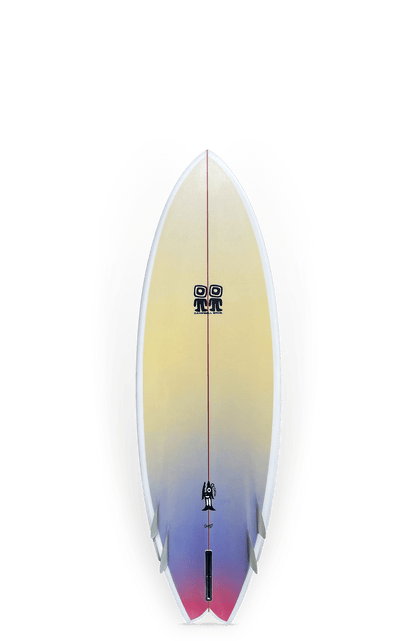 Shapers-Club- Une planche de surf Octafish, mesurant 5'10" x 20' 3/4" x 2' 5/8", présente un design dégradé coloré qui passe du jaune en haut au rose et au violet en bas, avec un emblème distinctif près du centre. -surfshop-surfboard