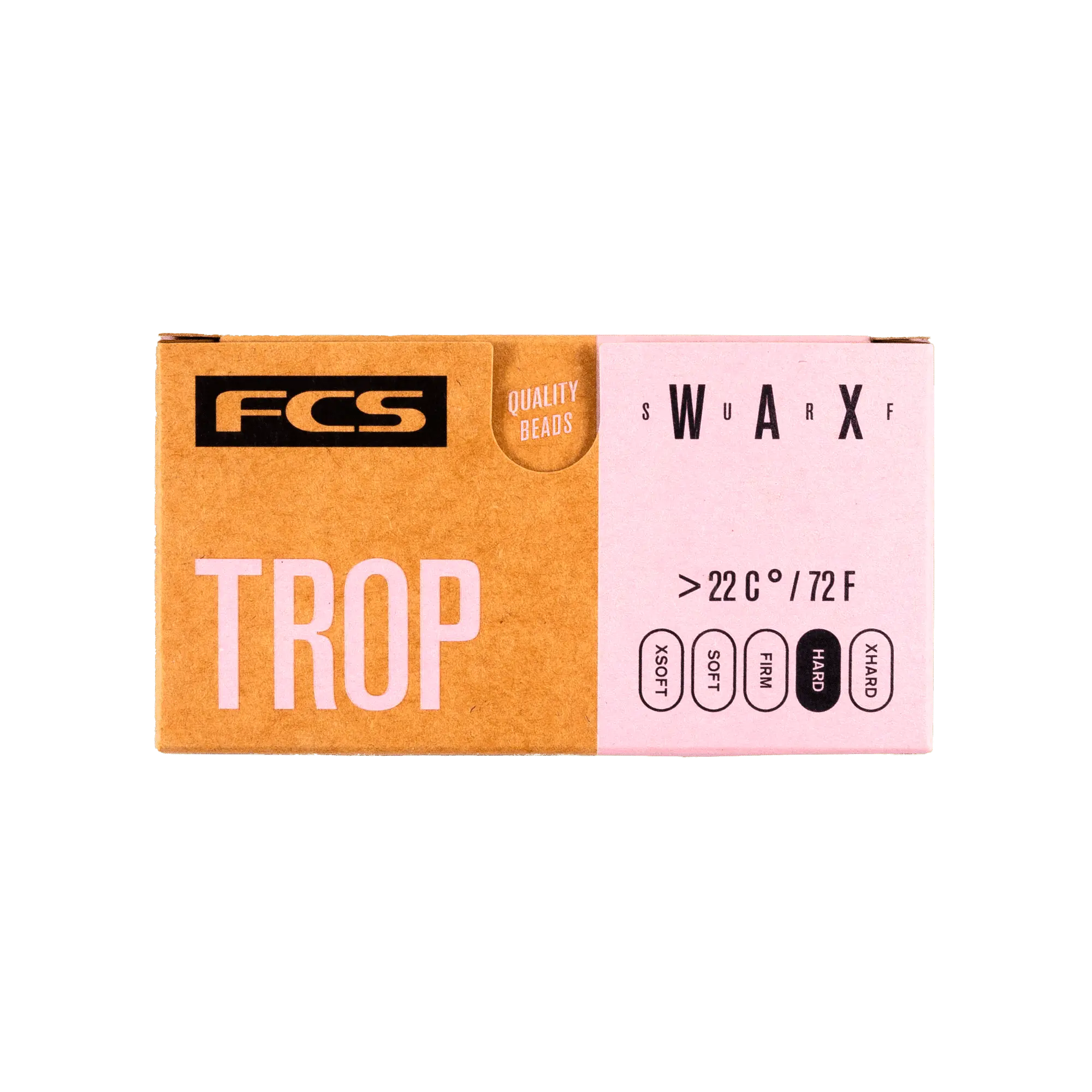 Shapers-Club- Un emballage rectangulaire beige et rose avec le logo FCS dans le coin supérieur gauche et « TROP » en grandes lettres blanches en dessous. Sur le côté droit, il affiche « S U W A R X F », des informations sur la température (> 22 °C / 72 °F) et des termes tels que « SOFT », « MINI », « MILD », « MID » et « CHUNKY ». C'est le FCS - Wax - Trop parfait pour les eaux chaudes. -surfshop-surfboard