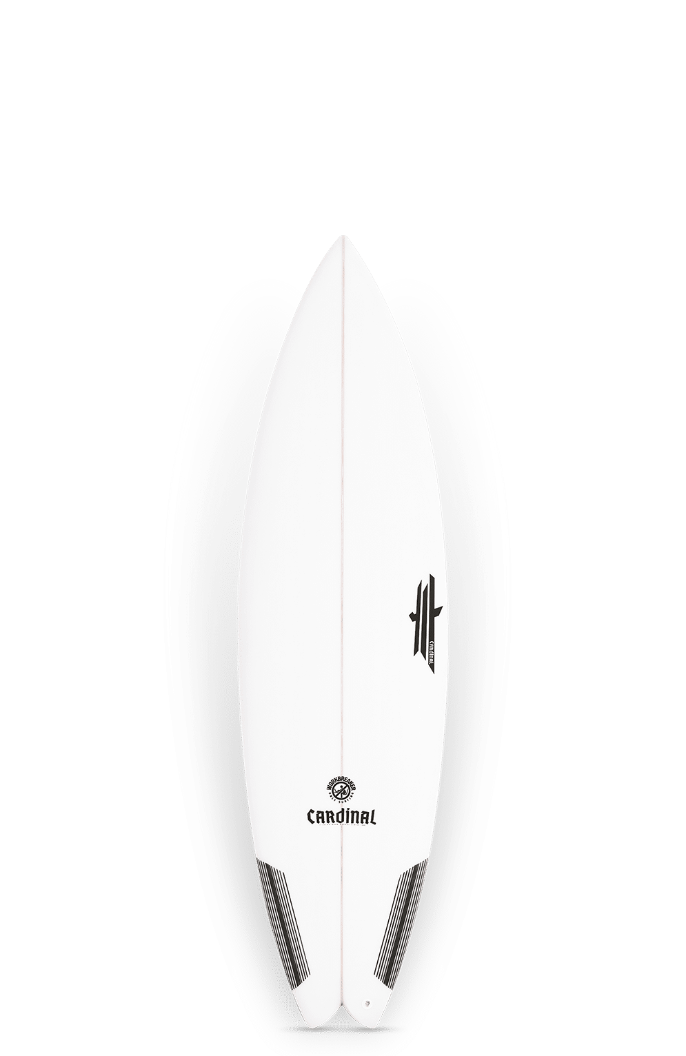 Shapers-Club- La vue aérienne de la planche de surf Workbreaker révèle son design élégant, avec un dessus blanc, un dessous gris foncé, des ailerons et des logos de marque pour plus de fonctionnalité et de style dans vos aventures de surf. Dimensions : 6'2" x 20" x 2 5/8", Volume : 33,7 L. -surfshop-surfboard