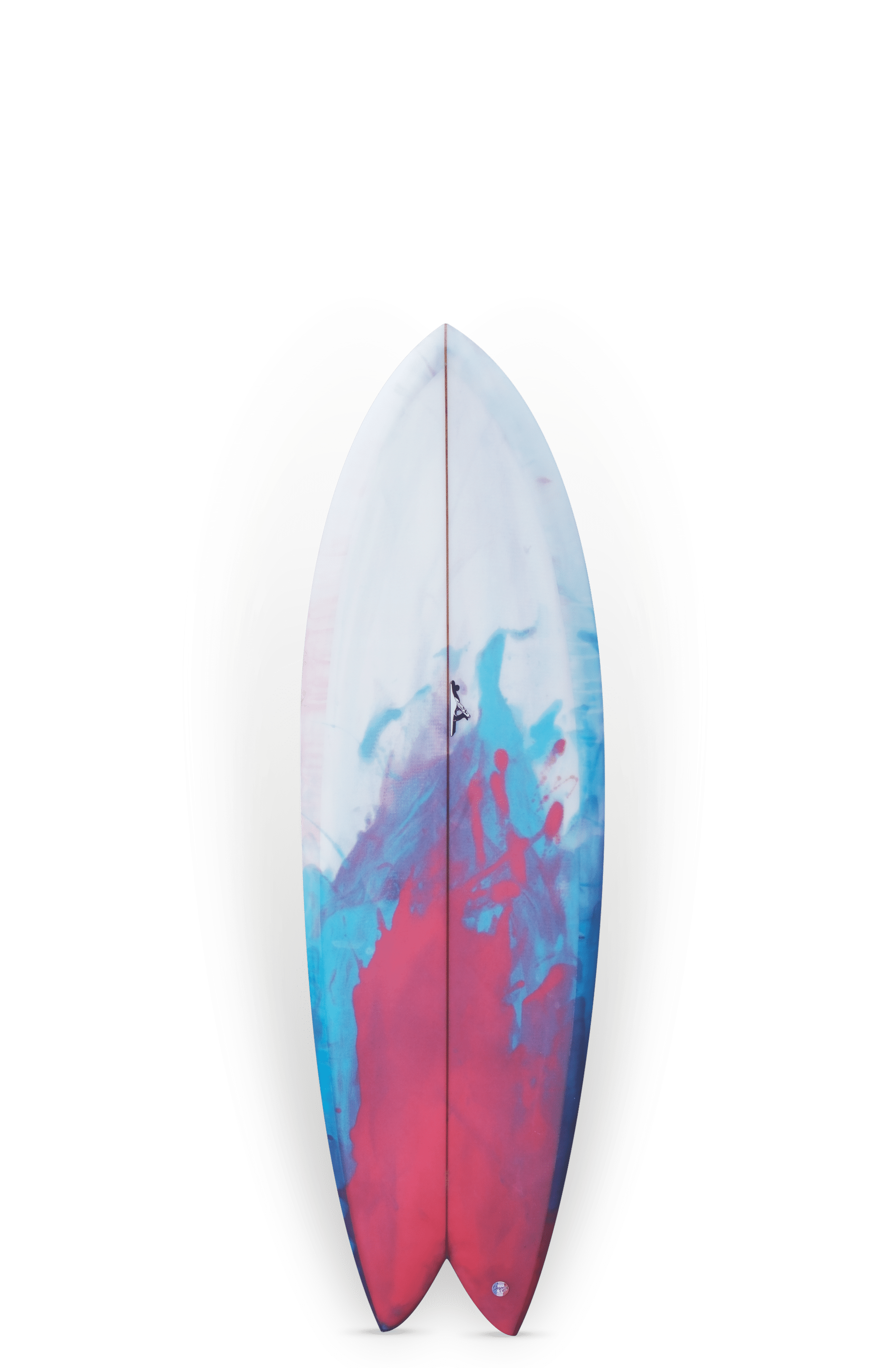Shapers-Club- La planche de surf Twin Fish, mesurant 5'9 x 20' 3/4" x 2' 3/4", présente un design abstrait vibrant avec des teintes bleues, rouges et blanches parfaitement mélangées. -surfshop-surfboard