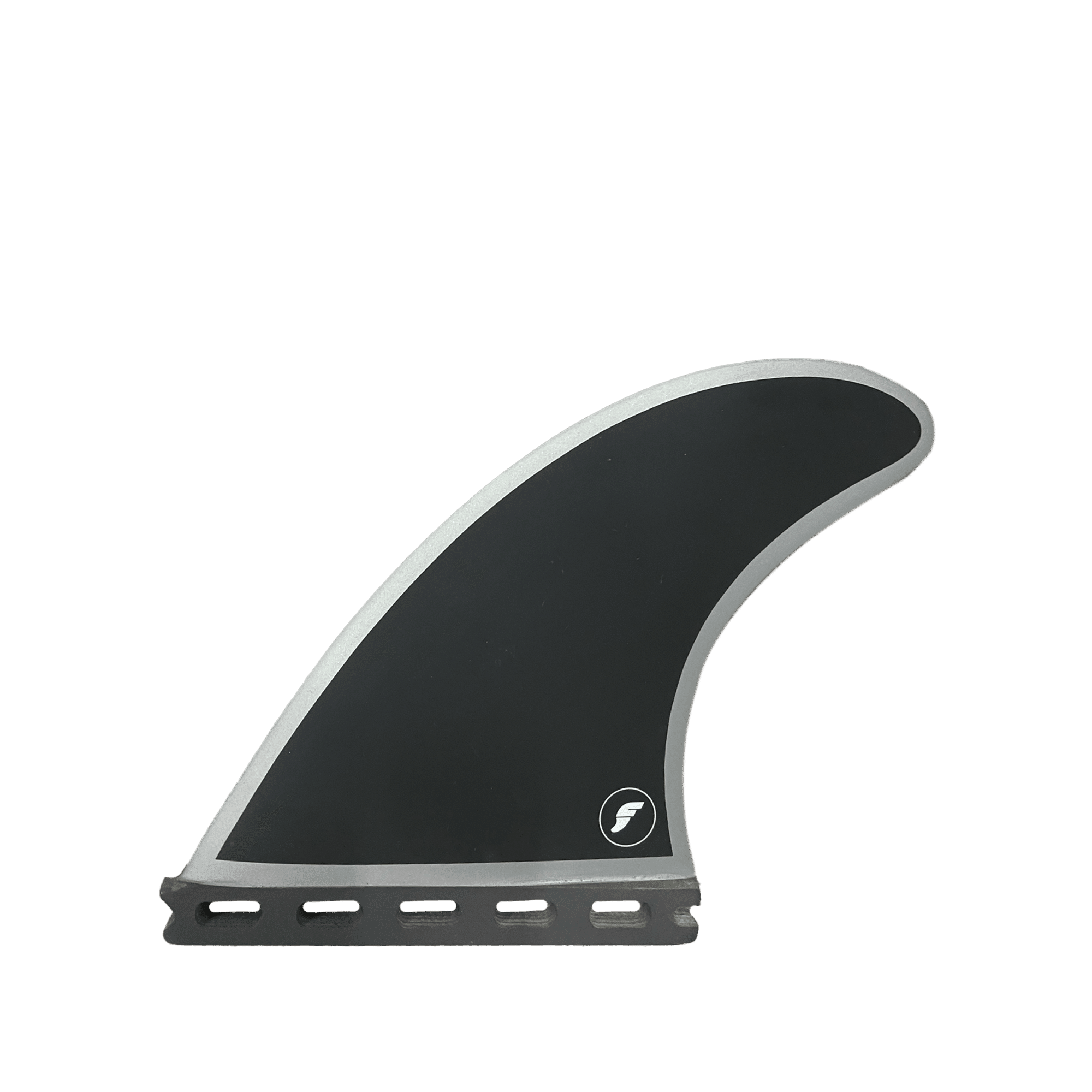 Shapers-Club- Un seul aileron de planche de surf noir Futures - Legacy series - Honeycomb - THRUSTER avec un contour de bord blanc, comportant un logo sur la partie inférieure. La forme légèrement incurvée est conçue pour s'adapter à un boîtier d'aileron de planche de surf Futures, ce qui le rend parfait pour les configurations thruster. -surfshop-surfboard