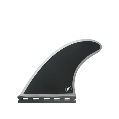 Shapers-Club- Un seul aileron de planche de surf noir Futures - Legacy series - Honeycomb - THRUSTER avec un contour de bord blanc, comportant un logo sur la partie inférieure. La forme légèrement incurvée est conçue pour s'adapter à un boîtier d'aileron de planche de surf Futures, ce qui le rend parfait pour les configurations thruster. -surfshop-surfboard