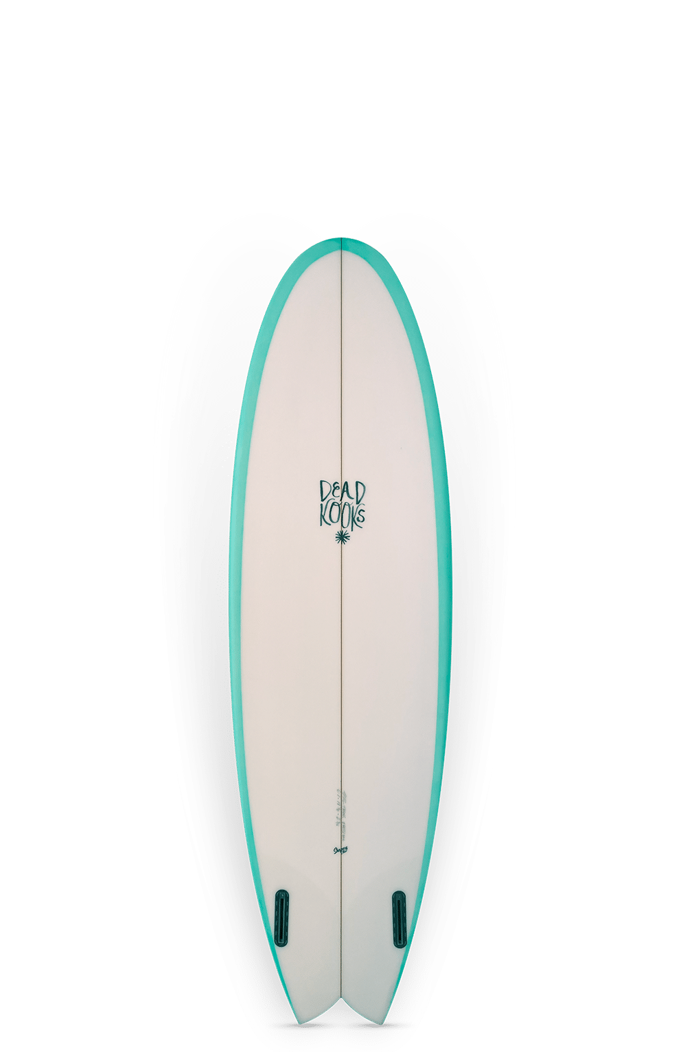 Shapers-Club- La planche de surf Thang, mesurant 6'1" x 19 7/8" x 2 9/16" avec un volume de 35L, dispose d'un dessus blanc élégant avec des bords bleu sarcelle et deux ailerons en dessous. Le logo "Dead Kooks" orne le centre supérieur, ajoutant du style à ce chef-d'œuvre élégant qui attrape les vagues. -surfshop-surfboard
