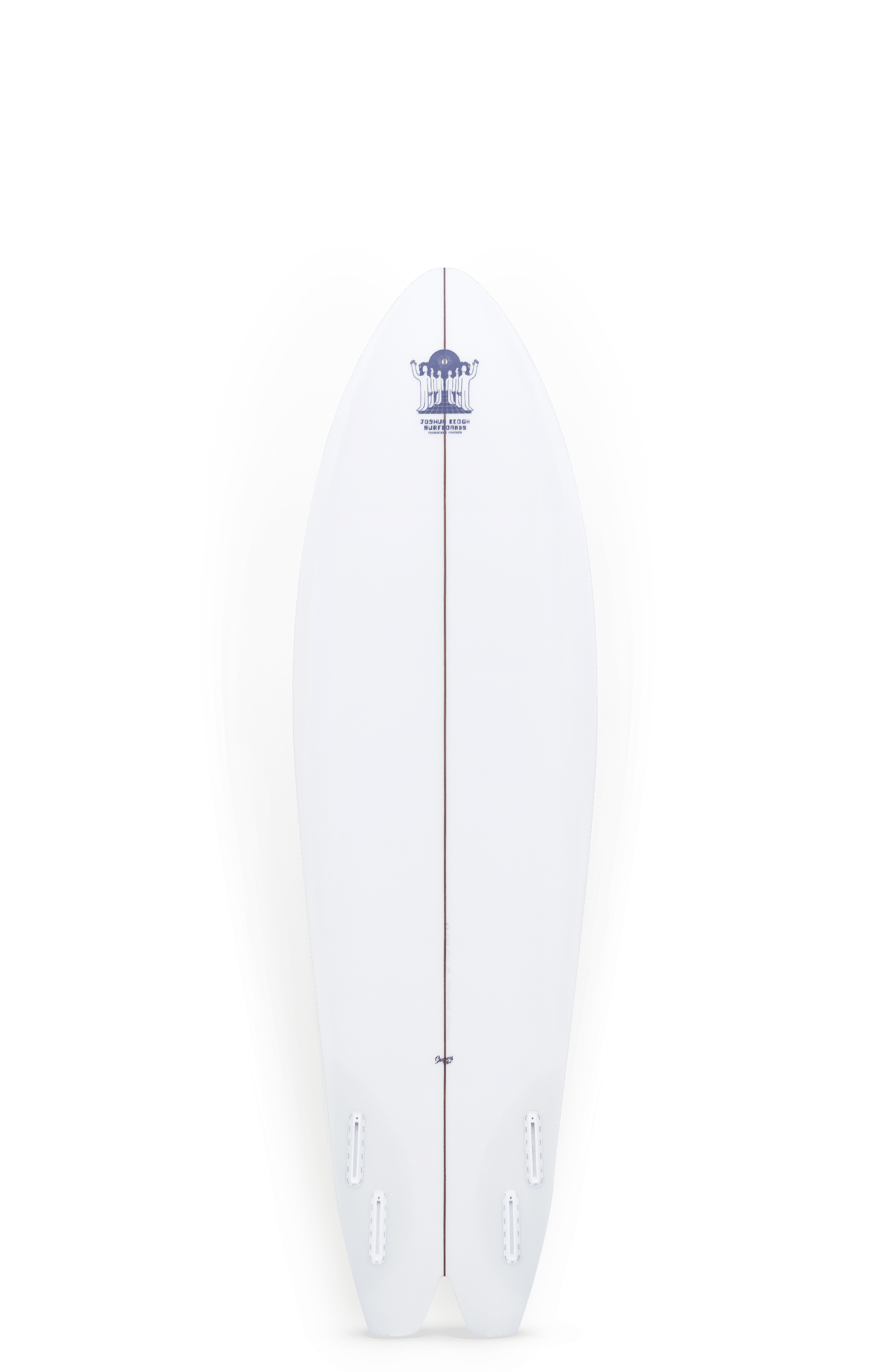 Shapers-Club- Une planche de surf blanche en forme de poisson Spoon avec un design en queue de poisson et un logo bleu subtil près du haut, dotée de quatre ailerons. Ses courbes épurées et ses dimensions minimalistes sont inspirées d'un poisson Spoon, mesurant 6'6" x 21' 1/2" x 2' 5/8". -surfshop-surfboard