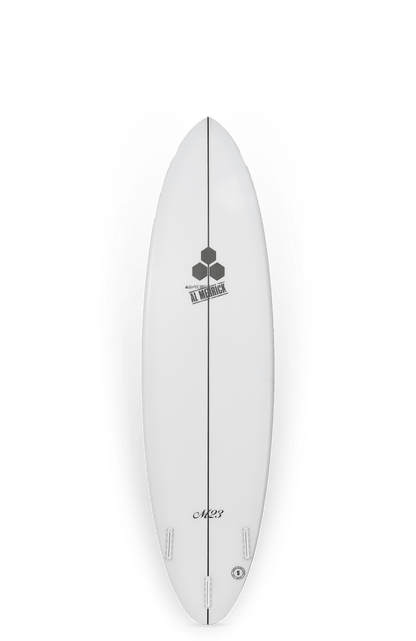 Shapers-Club- La planche de surf M23, mesurant 6'8" x 20 3/4" x 2 3/4", présente un corps blanc avec des accents noirs, un logo près du haut, le texte "MC78" en bas et une finition brillante. Conçue avec des ailerons Futures pour des performances supérieures, cette planche élégante a un volume de 41,9 L. -surfshop-surfboard