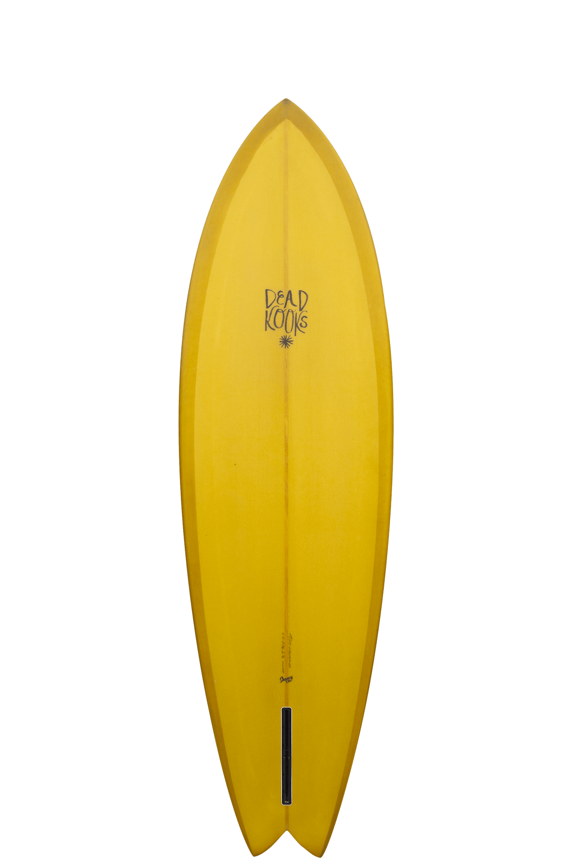 Shapers-Club- Vue de dessus de la planche de surf Dead Kooks Wild Flower en jaune, présentant un nez pointu et un design en queue d'aronde, avec "Dead Kooks" et un petit motif de palmier près du haut. Cette planche de surf de 6'8" x 21' 5/8" x 2' 7/8" est dotée d'un seul boîtier d'aileron en bas. -surfshop-surfboard