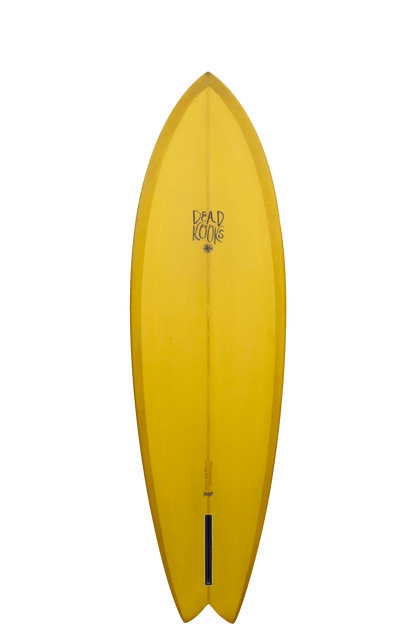 Shapers-Club- Vue de dessus de la planche de surf Dead Kooks Wild Flower en jaune, présentant un nez pointu et un design en queue d'aronde, avec "Dead Kooks" et un petit motif de palmier près du haut. Cette planche de surf de 6'8" x 21' 5/8" x 2' 7/8" est dotée d'un seul boîtier d'aileron en bas. -surfshop-surfboard