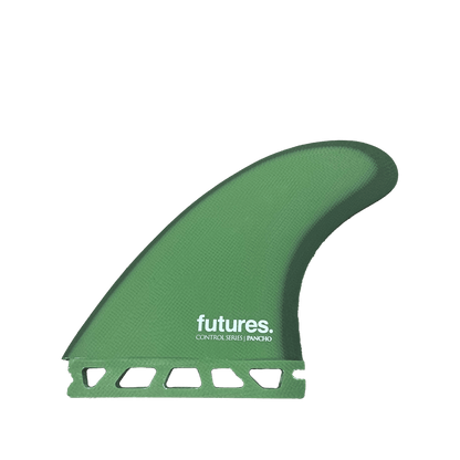Shapers-Club- Description du produit : Aileron de planche de surf vert Futures - Pancho Control Series - Thruster avec le nom de marque « Futures » imprimé en lettres blanches, avec « Pancho Control Series | Thruster » également imprimé en dessous. L'aileron présente une surface texturée et une base équipée de découpes pour une fixation facile à la planche de surf. -surfshop-surfboard