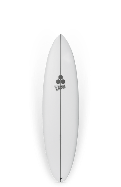 Shapers-Club- La planche de surf M23 mesurant 6'8" x 20 3/4" x 2 3/4" avec un volume de 41,9 L présente un logo géométrique sur un fond dégradé noir-blanc. Sa forme élégante, associée à la configuration Futures Fins, met en valeur ses dimensions impressionnantes. -surfshop-surfboard