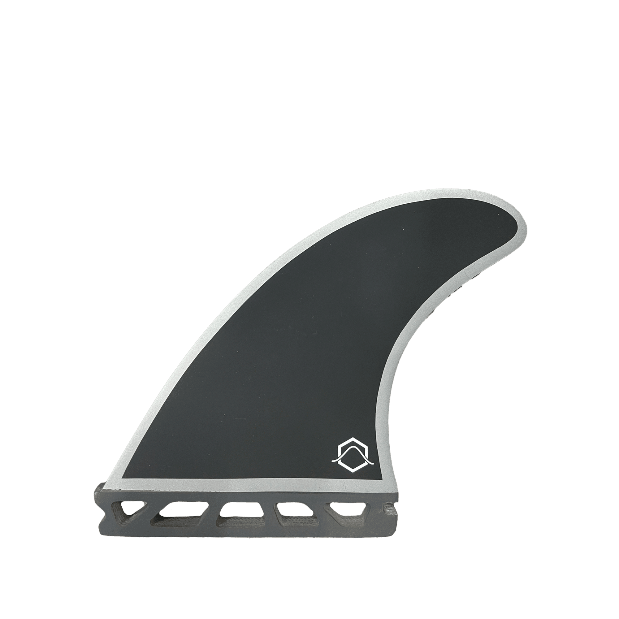 Shapers-Club- Le fond vert met en valeur un aileron de planche de surf noir unique de la série Futures - Legacy - Honeycomb - THRUSTER au design épuré, avec une bordure grise et un petit logo blanc près de la base. Cet aileron bénéficie d'une structure rigide et d'une apparence moderne et aérodynamique. -surfshop-surfboard