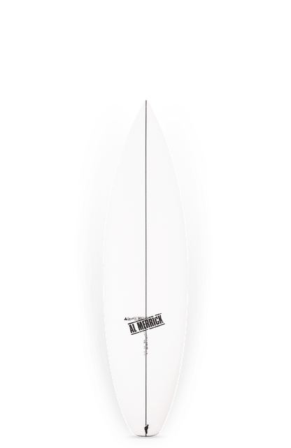 Shapers-Club- Une planche de surf blanche CI 2P PRO (6'2" x 19 1/2" x 2 9/16", 32,8L) avec des bords noirs, une pointe pointue, des côtés gris dégradé, une ligne centrale noire, le logo "Al Merrick" et équipée de Futures Fins - vue de dessus. -surfshop-surfboard