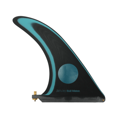 Shapers-Club- Aileron de planche de surf simple de 9,8" en noir et turquoise avec le nom de marque "DEFLOW - Salt Water" imprimé en turquoise, doté d'une vis en laiton pour la fixation à sa base. -surfshop-surfboard