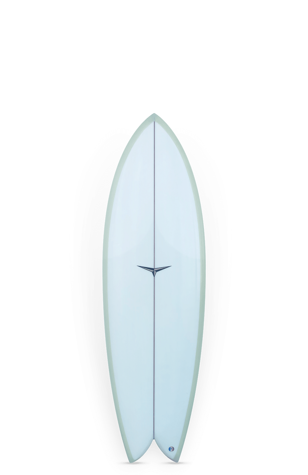 Shapers-Club- Une planche de surf bleu clair Glass Fish II, mesurant 5'10" x 21" x 2 3/4", avec un nez pointu et une queue d'aronde, est photographiée debout sur un fond uni. -surfshop-surfboard