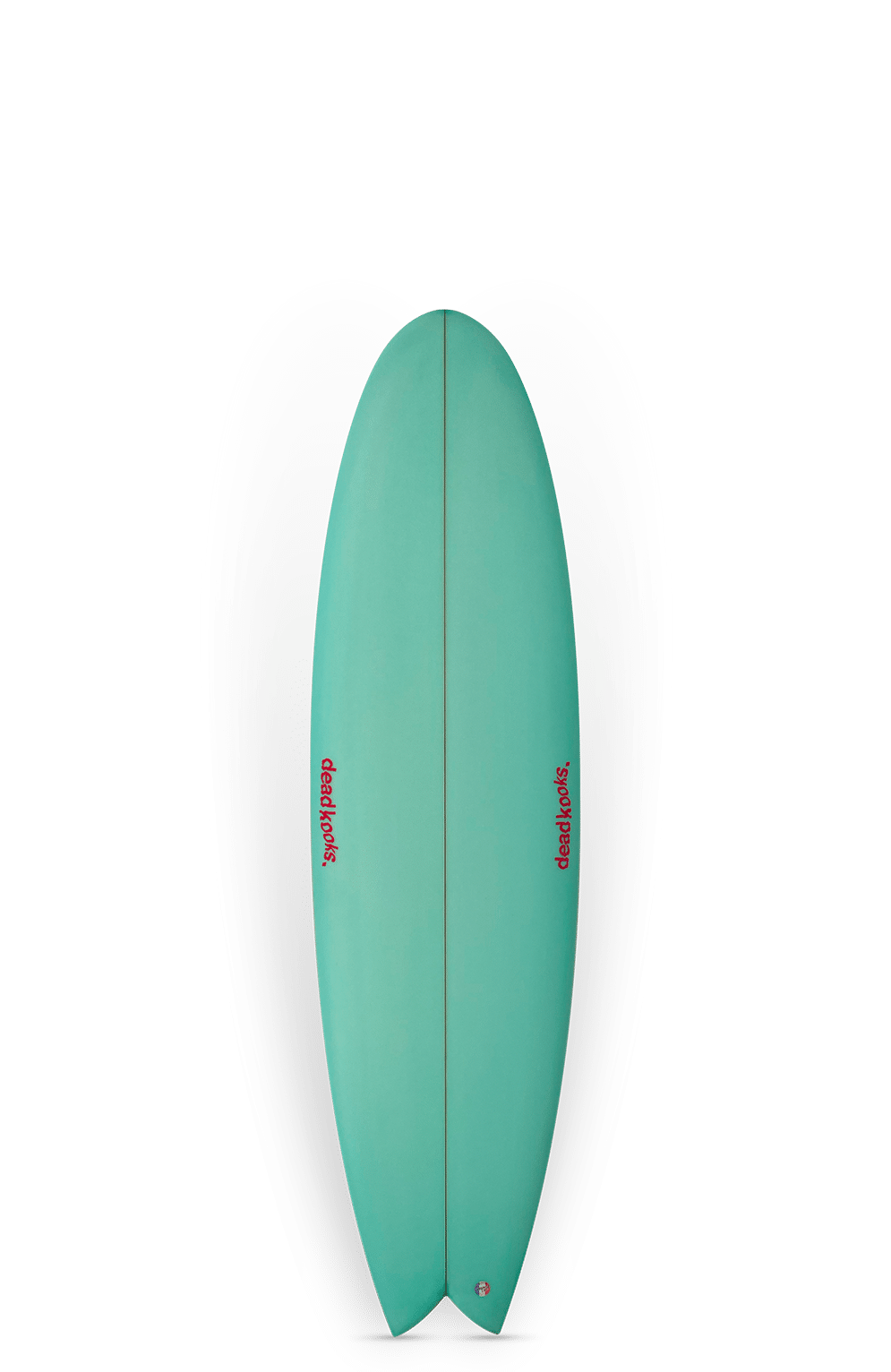 Shapers-Club- Une planche de surf Thang, présentant un design bleu sarcelle avec un texte rouge indiquant « 6'1 » x 19 7/8" x 2 9/16" - 35L », est positionnée verticalement sur un fond dégradé blanc et gris, mettant en valeur sa forme élégante. -surfshop-surfboard