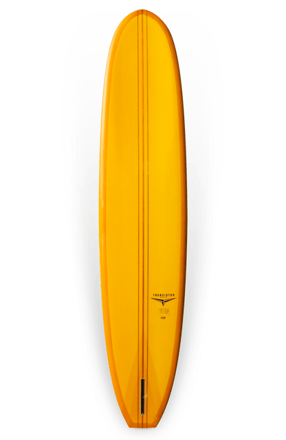 Shapers-Club- Une planche de surf Roger Hinds - The Classic jaune vif, mesurant 9'6" x 23" x 3' 3/4", présente une forme profilée et un design minimaliste. Elle est dotée d'un aileron central et d'un marquage subtil vers la partie centrale inférieure, avec sa surface brillante réfléchissant doucement la lumière. -surfshop-surfboard