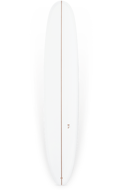 Shapers-Club- La planche de surf Barrett Miller - Springfield 9'9" x 23" x 3", présentant un corps blanc accentué d'une étroite ligne marron au centre, est vue d'en haut sur un fond uni. -surfshop-surfboard