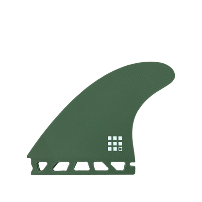 Shapers-Club- Le Futures - Pancho Control Series - Thruster est doté d'un aileron de planche de surf vert avec un logo blanc affichant une grille de neuf carrés, dont huit sont remplis de blanc. Il présente une surface texturée et des sections découpées à la base pour une fixation facile à votre planche. -surfshop-surfboard