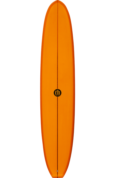 Shapers-Club- La planche de surf orange vif Paul Strauch 9'4" x 23" x 3' 1/4" présente une forme arrondie avec un logo noir audacieux au centre, fabriqué avec une corde centrale, se détachant magnifiquement sur un fond blanc uni. -surfshop-surfboard