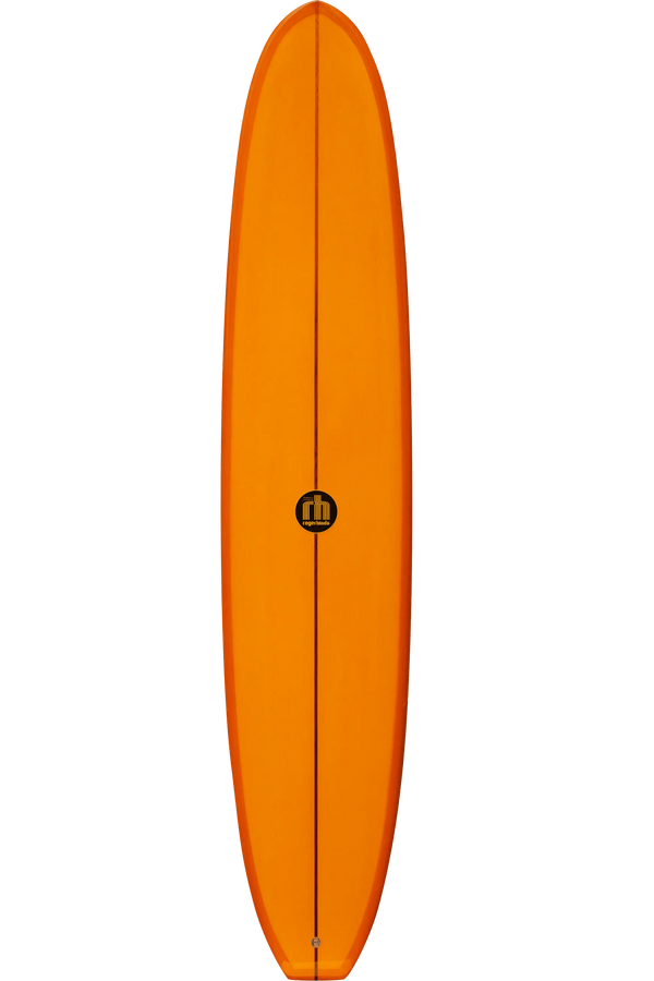 Shapers-Club- La planche de surf orange vif Paul Strauch 9'4" x 23" x 3' 1/4" présente une forme arrondie avec un logo noir audacieux au centre, fabriqué avec une corde centrale, se détachant magnifiquement sur un fond blanc uni. -surfshop-surfboard