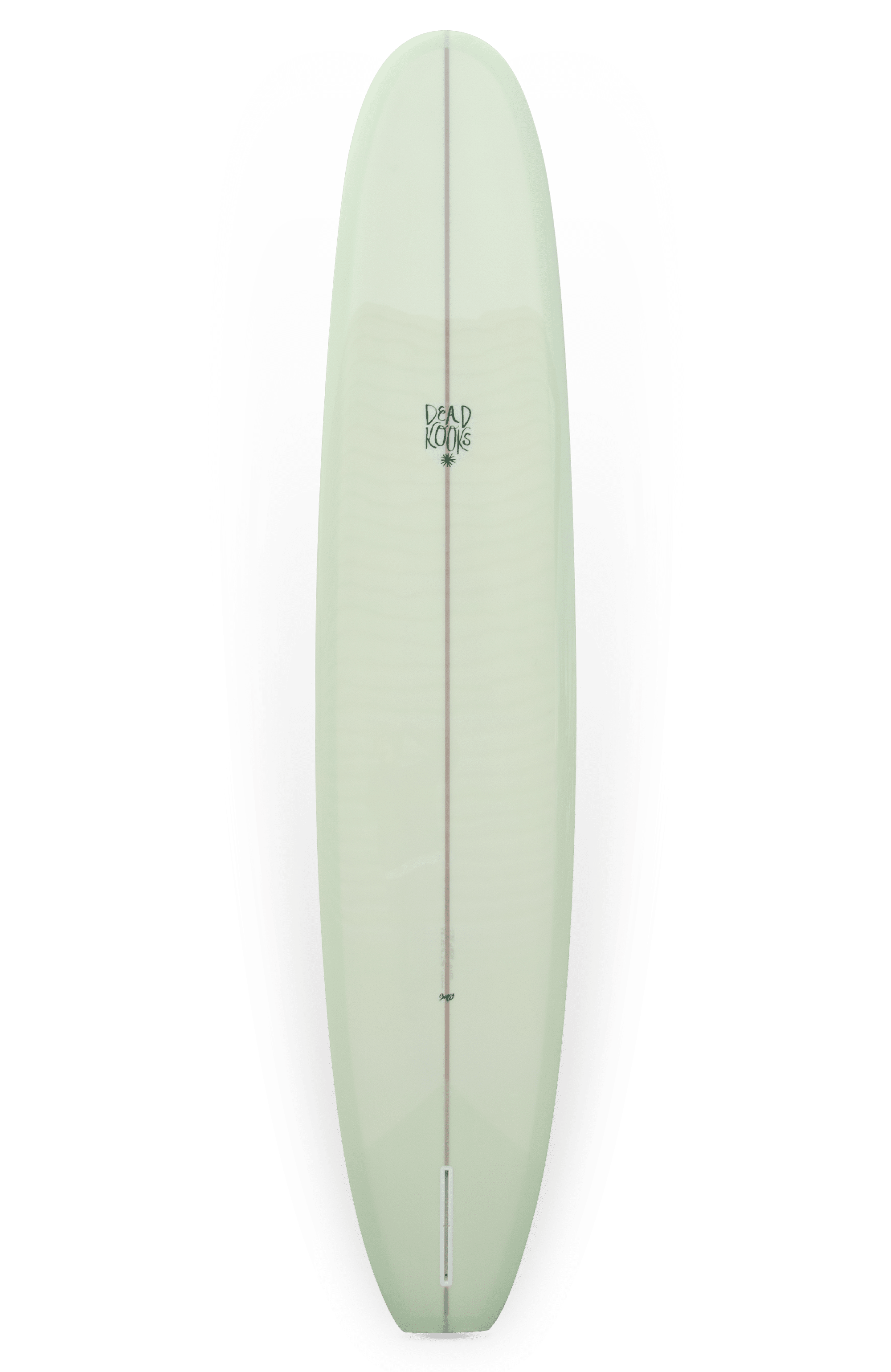 Shapers-Club- Planche de surf Dead Kooks - Casbah 9'6" x 22' 3/4" x 2' 3/4" vert clair, avec un longeron en bois centré qui court verticalement et le logo "Brad Knox" positionné près du haut. Cette planche présente un design lisse et arrondi adapté au surf. Le fond blanc ajoute un effet flottant à son apparence élégante. -surfshop-surfboard