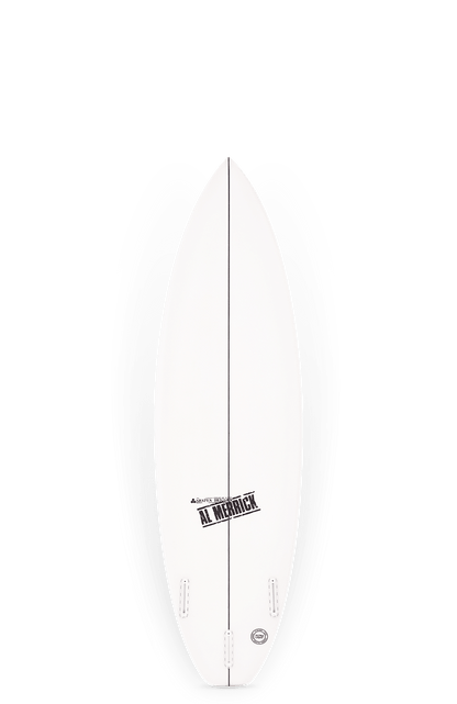 Shapers-Club- Une planche de surf blanche CI 2P PRO (6'2" x 19 1/2" x 2 9/16", 32,8L) avec un nez pointu, un logo noir "Al Merrick" au centre, trois boîtiers Futures Fins près d'une queue de poisson et un design minimaliste épuré. -surfshop-surfboard