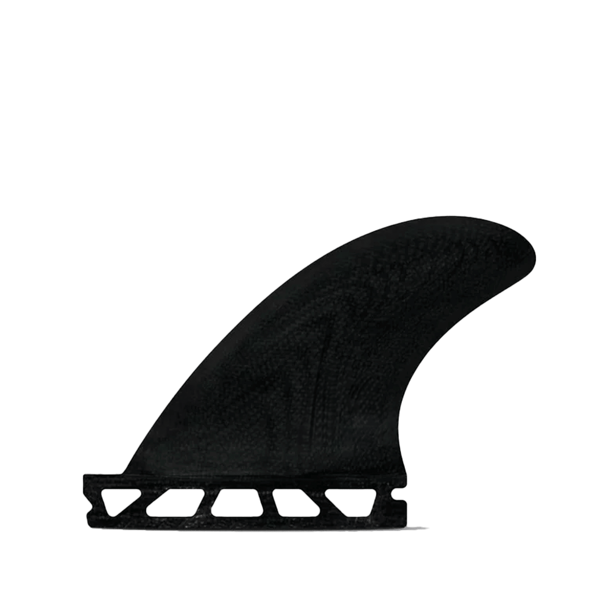 Shapers-Club- L'aileron de planche de surf Futures - Sidebites - FiberGlass est fabriqué à partir de fibre de verre durable et présente un design élégant et incurvé avec une base légère à motif en nid d'abeille. Cet aileron noir offre une compatibilité Futures et comprend des sidebites pour plus de stabilité, le tout sur un fond blanc uni. -surfshop-surfboard
