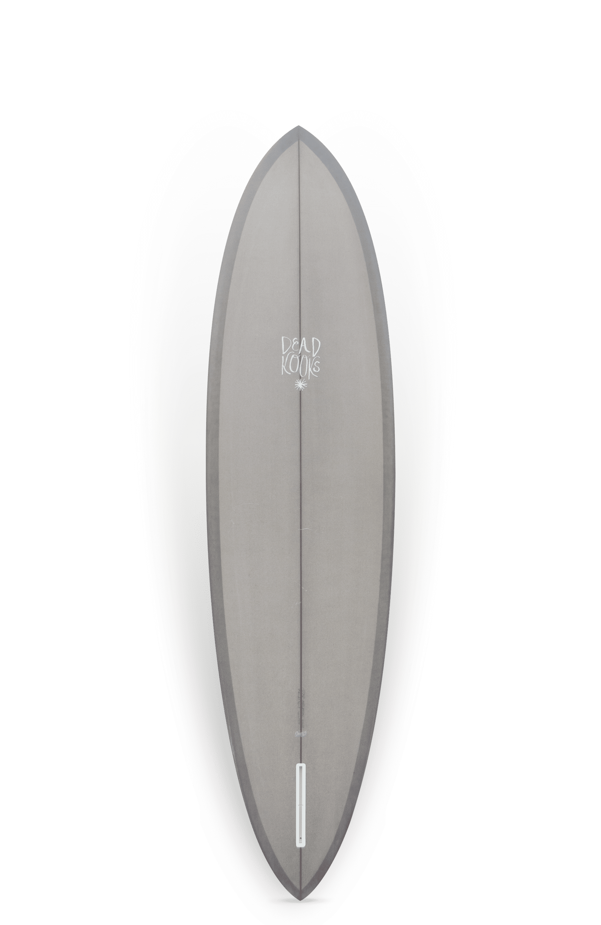 Shapers-Club- La planche de surf « Hellhound » de Dead Kooks présente un design gris élégant, avec un nez pointu et une queue arrondie. La vue de dessus minimaliste met en valeur le nom de la marque et affiche un contour ombré créant un effet subtil en forme de cœur. Dimensions : 7'6" x 21' 17/20" x 3". -surfshop-surfboard