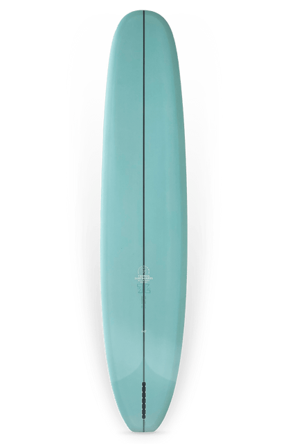Shapers-Club- Une planche de surf Keeper 2 bleu clair, mesurant 9'6" x 23" x 3", présente une bande noire centrale avec un logo et un texte. Sa forme élégante est soulignée par un design de fond transparent, avec une seule fente d'aileron sur la queue. -surfshop-surfboard