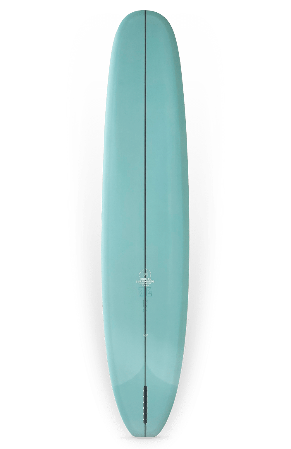 Shapers-Club- Une planche de surf Keeper 2 bleu clair, mesurant 9'6" x 23" x 3", présente une bande noire centrale avec un logo et un texte. Sa forme élégante est soulignée par un design de fond transparent, avec une seule fente d'aileron sur la queue. -surfshop-surfboard