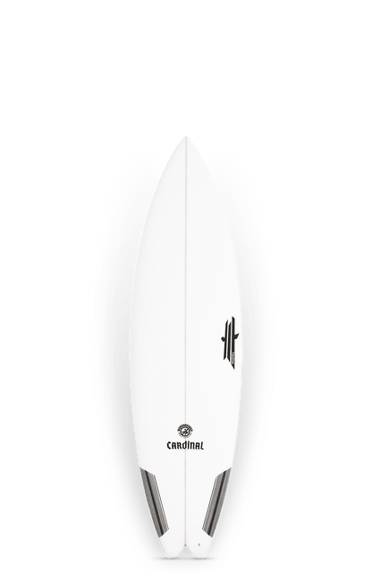 Shapers-Club- La planche de surf moderne Workbreaker, mesurant 5'10" x 19 1/2" x 2 3/8", présente un pont blanc et des rails noirs avec la marque "Cardinal" et un logo stylisé sur un fond blanc uni. Son volume est de 28L. -surfshop-surfboard