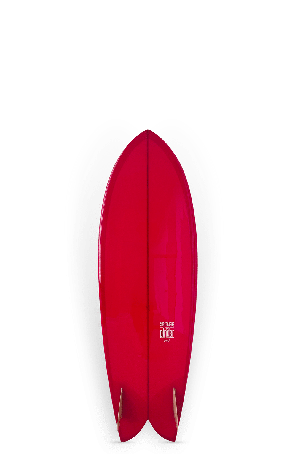 Shapers-Club- Une planche de surf Lis Fish avec un centre rouge vif, des bords gris et une finition brillante. Elle mesure 1,78 m de haut, comporte deux ailerons en bas et est présentée à la verticale sur un fond blanc uni. -surfshop-surfboard