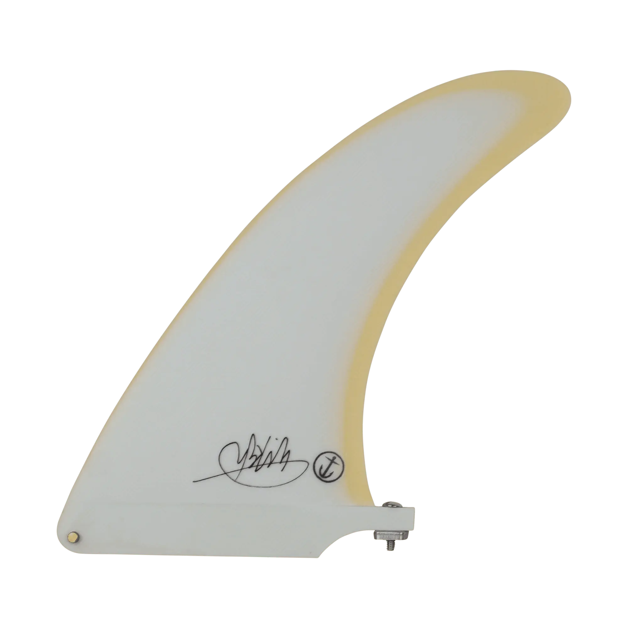 Shapers-Club- Une dérive de planche de surf Mikey February Single 7.5 en blanc et jaune, avec sa signature près du bas, affichée sur un fond vert uni. -surfshop-surfboard