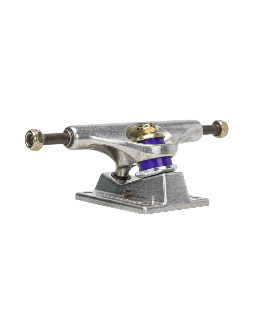 Truck de skateboard Venture 129mm en métal argenté avec gommes violettes, disponible chez Surfshop - Shapers Club House