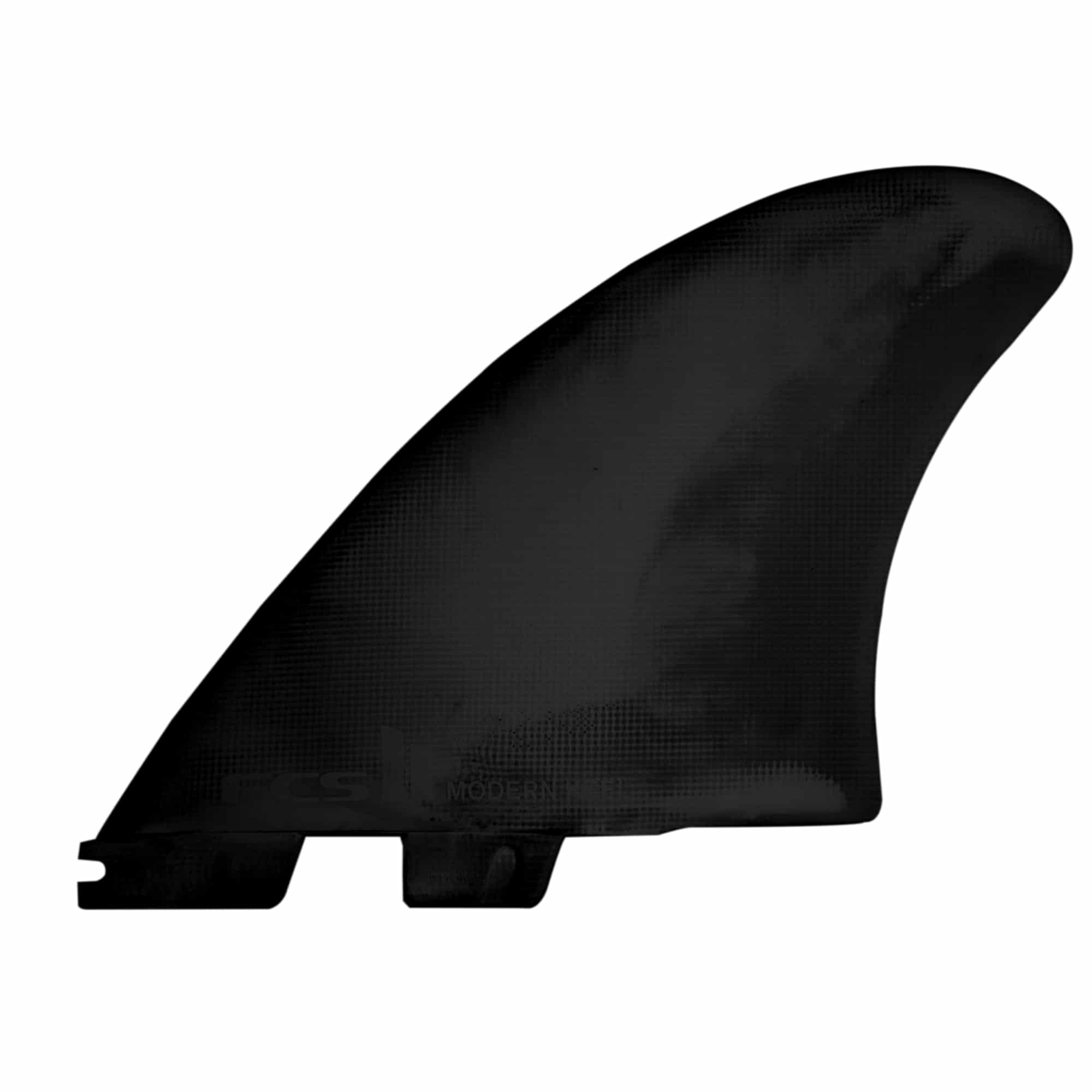 Shapers-Club- Présentation du FCS II - MODERN KEEL - TWIN (Performance Glass), un aileron de planche de surf noir avec une surface texturée et une légère courbe en haut. Cet aileron est conçu pour être fixé au bas de votre planche de surf, offrant une stabilité et un contrôle améliorés dans l'eau. Il s'intègre parfaitement dans les systèmes FCS II, ce qui facilite la fixation grâce à sa fente pratique pour le montage sur votre planche. -surfshop-surfboard