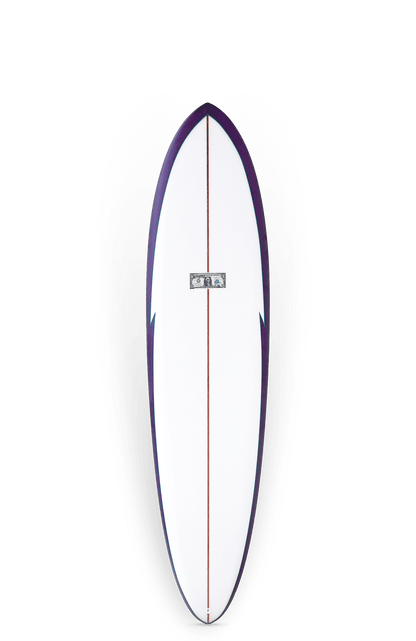 Shapers-Club- La planche de surf Kimbo Twin présente un design élégant et arrondi avec un pont blanc, des bords violets et mesure 7'2" x 20 1/2" x 3". Elle comprend un aileron central unique et une ligne de corde rouge. Un fond dégradé met en valeur sa finition brillante, mettant en valeur ses dimensions impressionnantes. -surfshop-surfboard