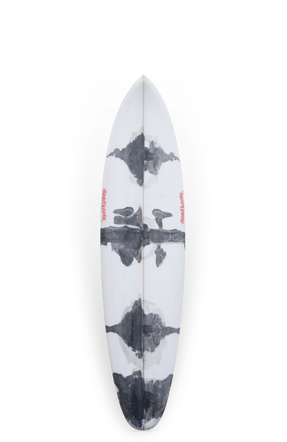 Shapers-Club- La planche de surf Aphex 7'0" présente une surface blanche immaculée avec un motif de taches d'encre noires symétriques. Le nom de la marque « Catch Surf » est affiché en gras en rouge des deux côtés, offrant une ambiance inspirée d'Aphex qui est parfaite pour attraper les vagues. -surfshop-surfboard