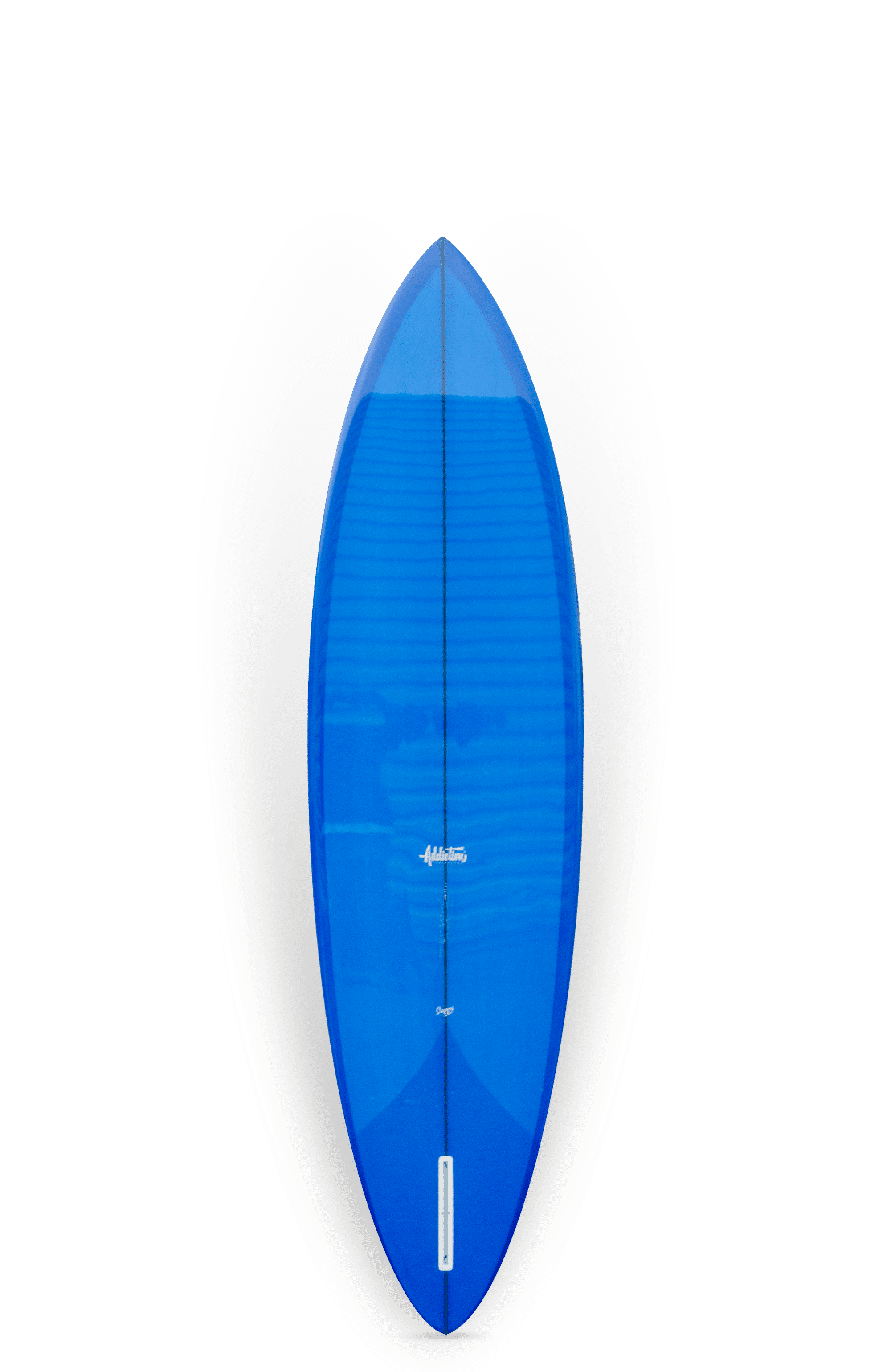 Shapers-Club- Vue aérienne de la planche de surf bleue élégante de 6'1" Topper avec un nez pointu et une queue effilée. Elle a une finition brillante et un logo blanc près du nez, sur un fond sombre uni. -surfshop-surfboard